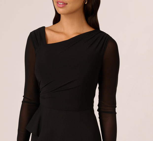 Aidan Mattox Knit Crepe Combo Mesh Gown In Black