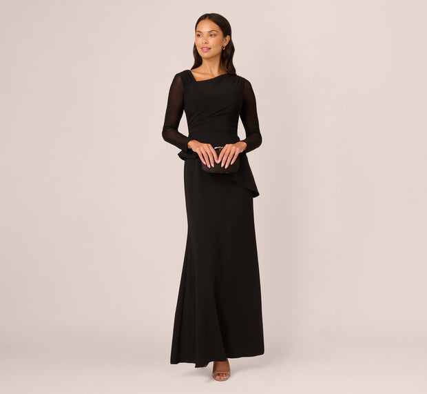 aidan mattox Knit Crepe Combo Mesh Gown In Black