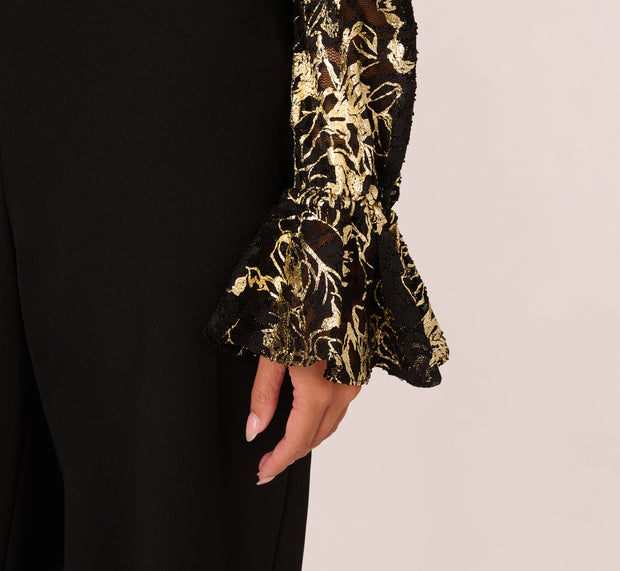 Aidan Mattox Lace And Crepe Jumpsuit In Black Gold