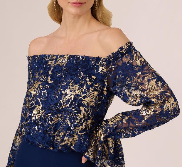 Aidan Mattox Lace And Crepe Jumpsuit In Navy Gold