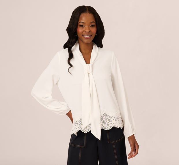 Aidan Mattox Lace Hem Tie Neck Blouse In Ivory