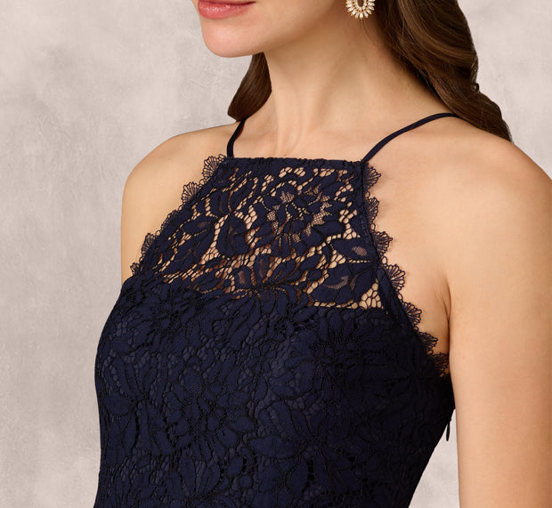 Aidan Mattox Lace Organza Halter Ballgown In Navy