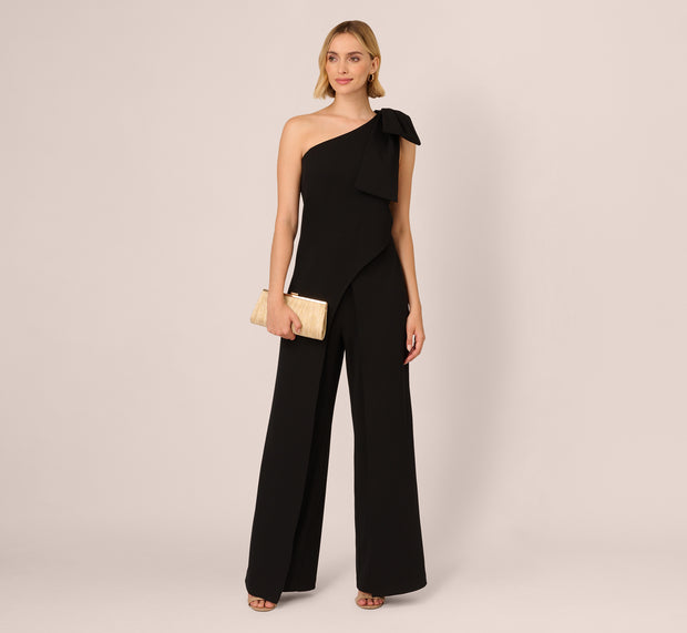 aidan mattox One Shoulder Bow Jumpsuit In Black