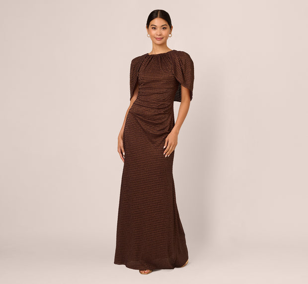 Aidan Mattox Pleated Metallic Cape Gown In Bronze