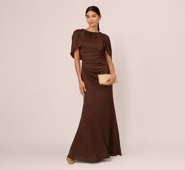 aidan mattox Pleated Metallic Cape Gown In Bronze