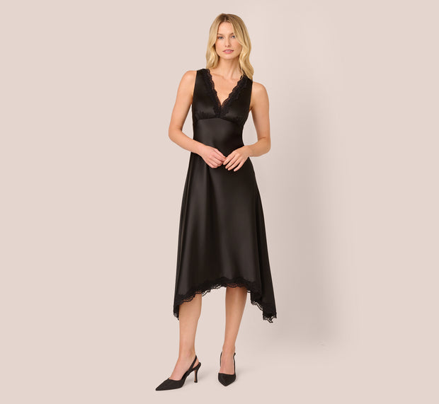 Aidan Mattox Satin Lace Midi Slip Dress In Black