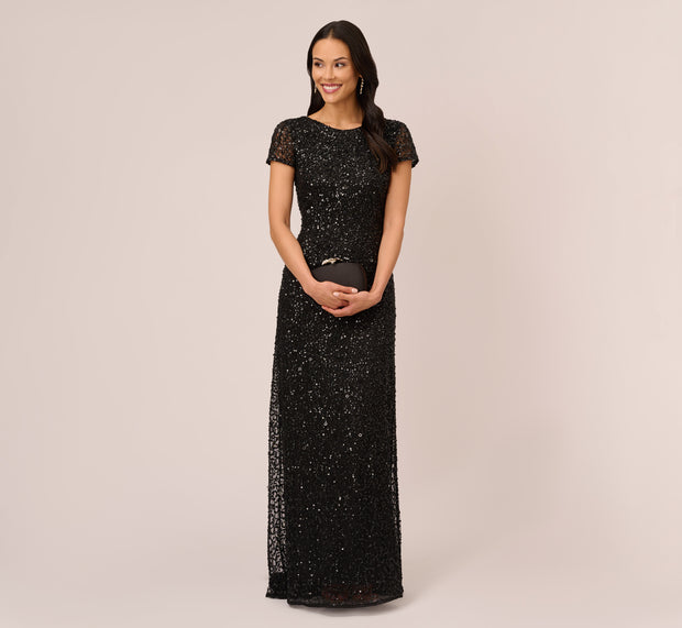 Aidan Mattox Scoop Back Sequin Gown In Black