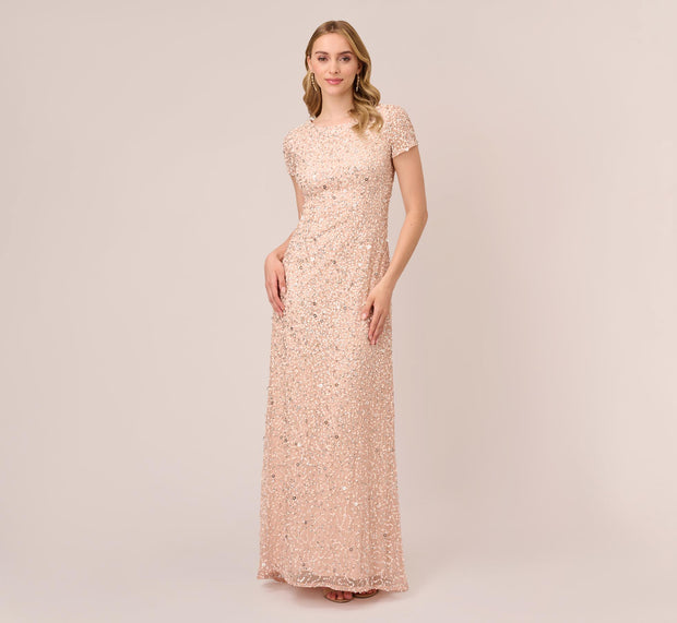 Aidan Mattox Scoop Back Sequin Gown In Blush