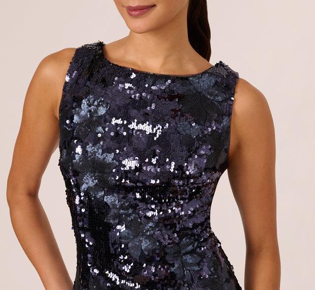 Aidan Mattox Sequin Sheath Dress In Navy