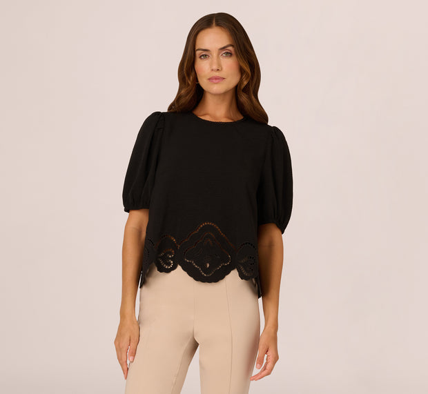Aidan Mattox Airflow Eyelet Embroidered Woven Crop Top In Black