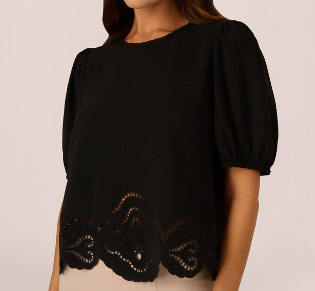 Aidan Mattox Airflow Eyelet Embroidered Woven Crop Top In Black