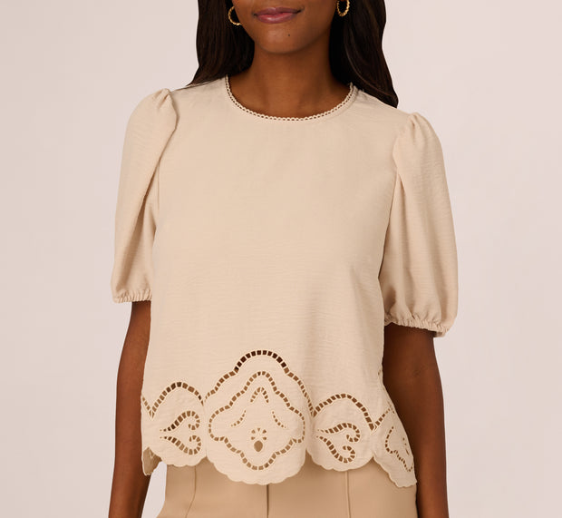 Aidan Mattox Airflow Eyelet Embroidered Woven Crop Top In Pebble