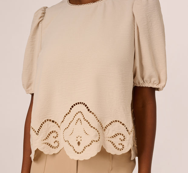 Aidan Mattox Airflow Eyelet Embroidered Woven Crop Top In Pebble