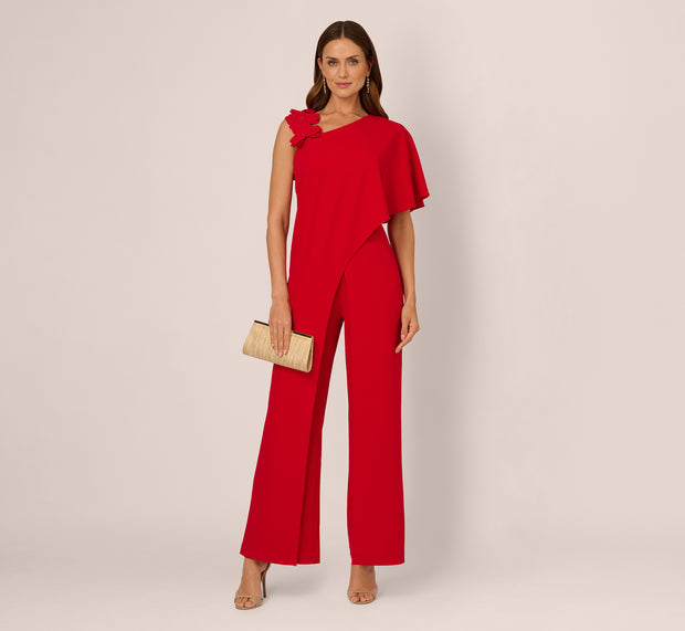 aidan mattox Asymmetrical 3D Floral Jumpsuit In Hot Pepper