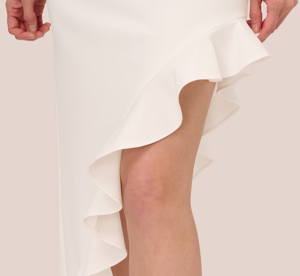 Aidan Mattox Asymmetrical Crepe Midi Dress With Flounce Hem In Ivory