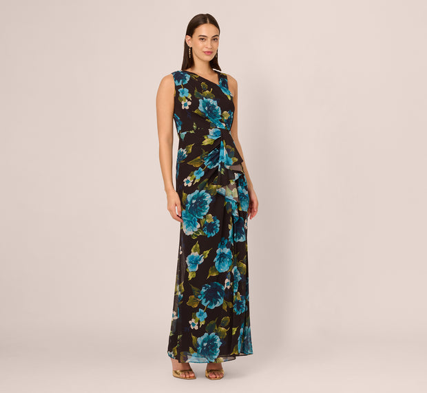Aidan Mattox Asymmetrical Draped Floral Chiffon Gown In Black Multi