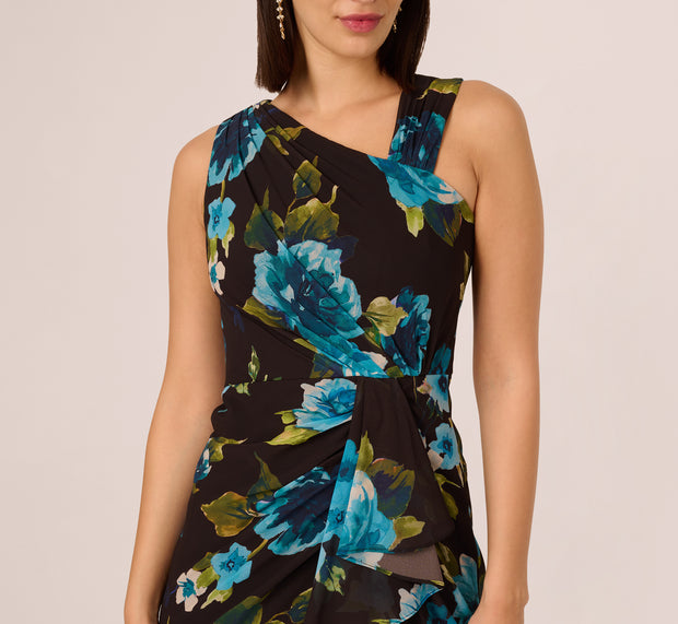 Aidan Mattox Asymmetrical Draped Floral Chiffon Gown In Black Multi