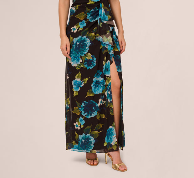 Aidan Mattox Asymmetrical Draped Floral Chiffon Gown In Black Multi