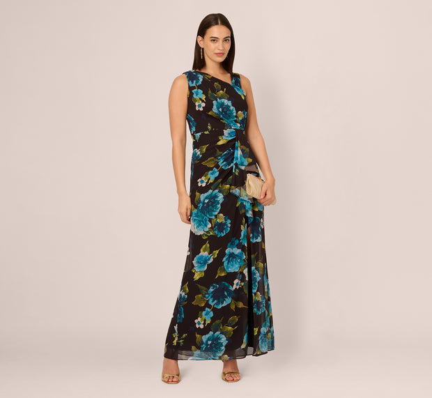 aidan mattox Asymmetrical Draped Floral Chiffon Gown In Black Multi