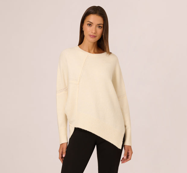Aidan Mattox Asymmetrical Slouchy Dolman Sleeve Pullover Sweater In Cream