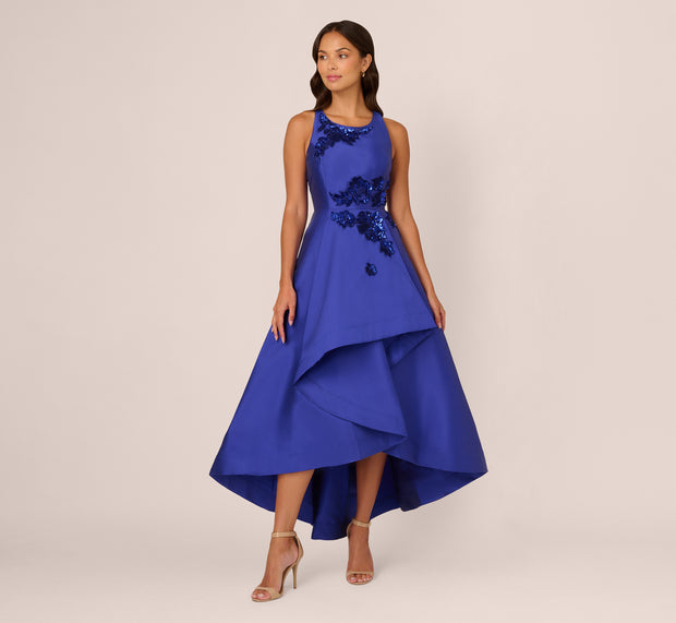 Aidan Mattox Bead Mikado High Low Long Dress In Ultra Blue