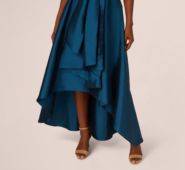 Aidan Mattox Bead Taffeta High Low Long Dress In Teal Sapphire Gold