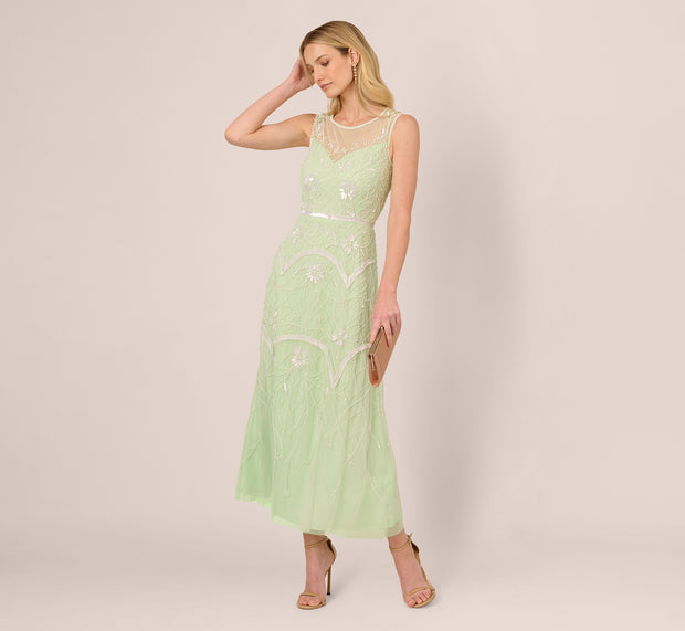 Aidan Mattox Beaded Ankle-Length Dress With Sheer Neckline In Aloe Mist Ivory