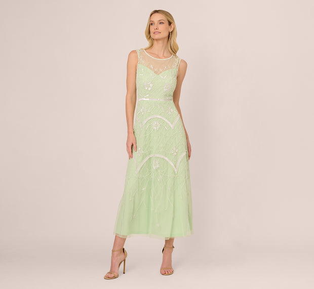 Aidan Mattox Beaded Ankle-Length Dress With Sheer Neckline In Aloe Mist Ivory