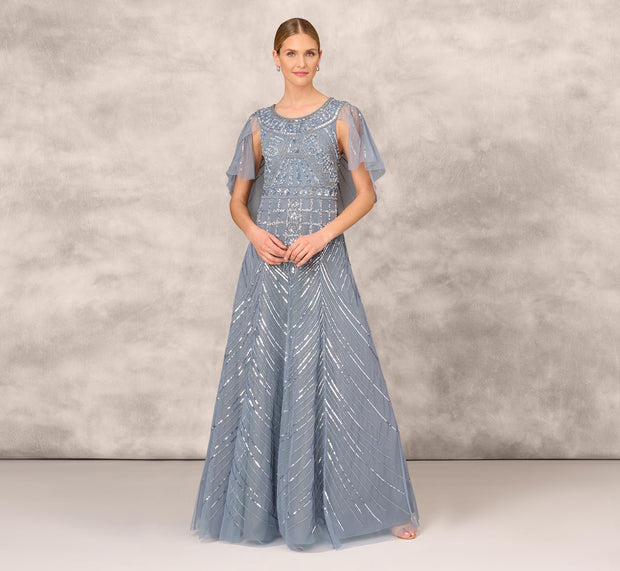 Aidan Mattox Beaded Ball Gown With Cape Sleeves In Vintage Blue