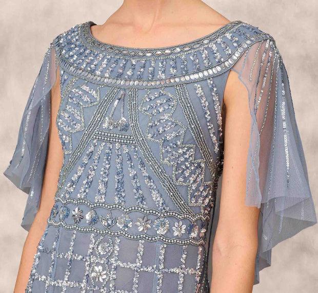 Aidan Mattox Beaded Ball Gown With Cape Sleeves In Vintage Blue