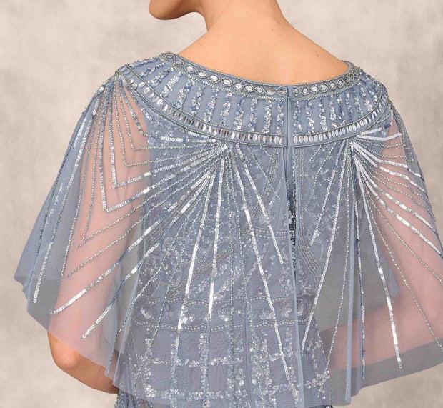 Aidan Mattox Beaded Ball Gown With Cape Sleeves In Vintage Blue