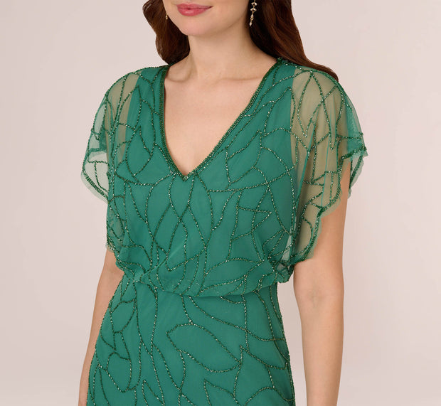 Aidan Mattox Beaded Blouson Mermaid Gown With Sheer Dolman Sleeves In Jungle Green
