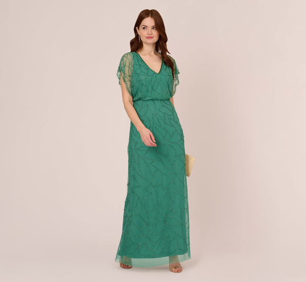 aidan mattox Beaded Blouson Mermaid Gown With Sheer Dolman Sleeves In Jungle Green