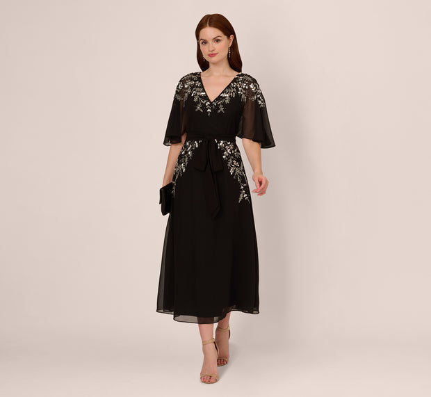 Aidan Mattox Beaded Chiffon Ankle Length Gown With Dolman Sleeves In Black