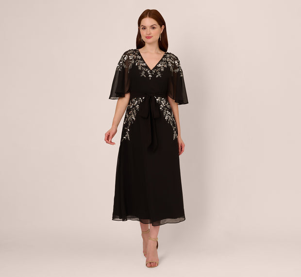 Aidan Mattox Beaded Chiffon Ankle Length Gown With Dolman Sleeves In Black