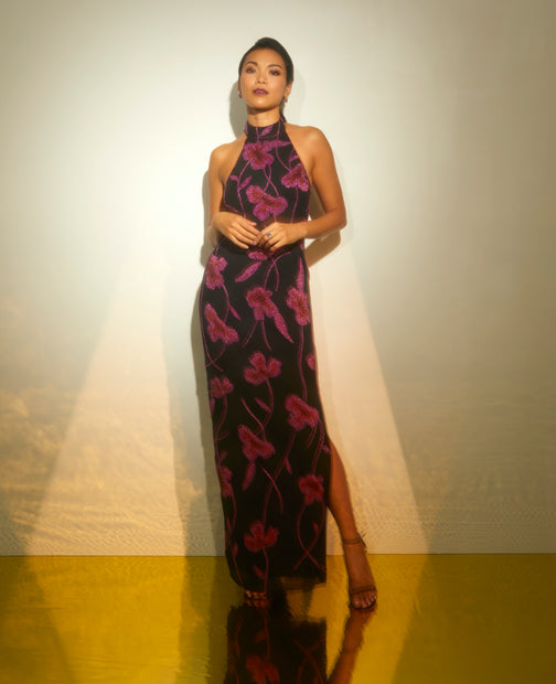 aidan mattox Beaded Floral Halter Column Gown With Mock Neck In Black Multi