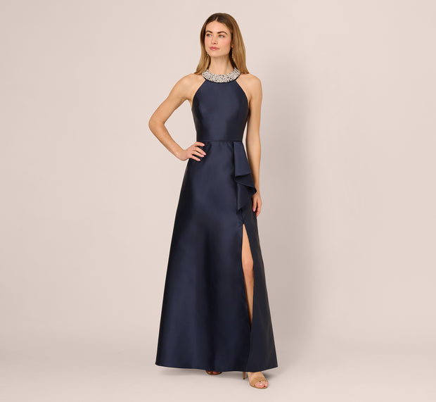 Aidan Mattox Beaded Halter Draped Mikado Gown In Midnight