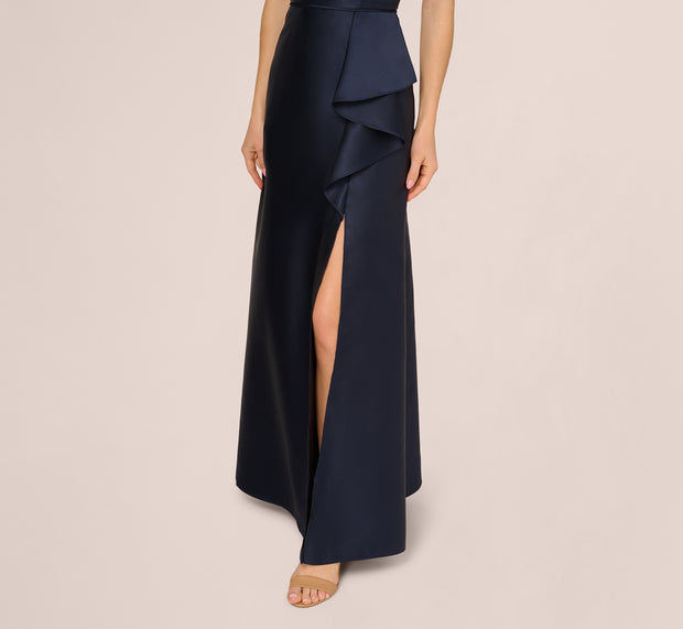 Aidan Mattox Beaded Halter Draped Mikado Gown In Midnight