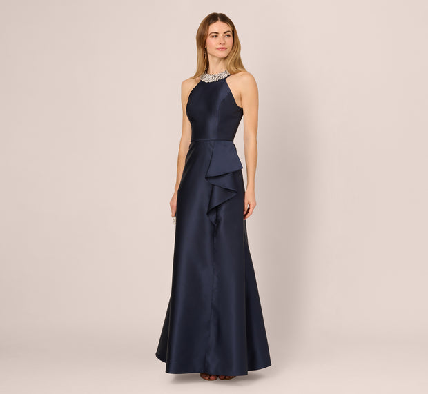aidan mattox Beaded Halter Draped Mikado Gown In Midnight