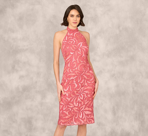 Aidan Mattox Beaded Halter Midi Sheath Dress In Summer Rose
