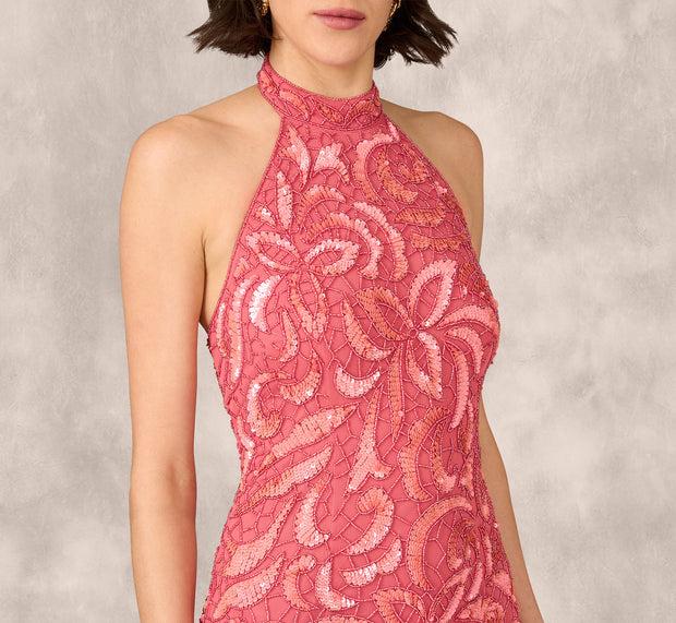 Aidan Mattox Beaded Halter Midi Sheath Dress In Summer Rose