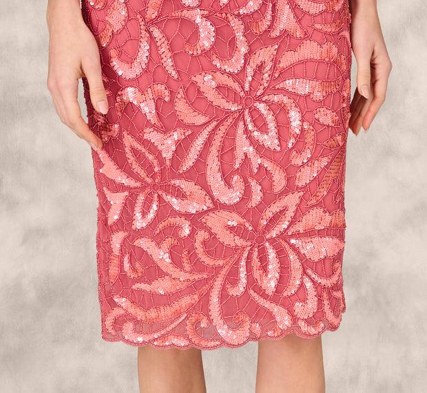 Aidan Mattox Beaded Halter Midi Sheath Dress In Summer Rose