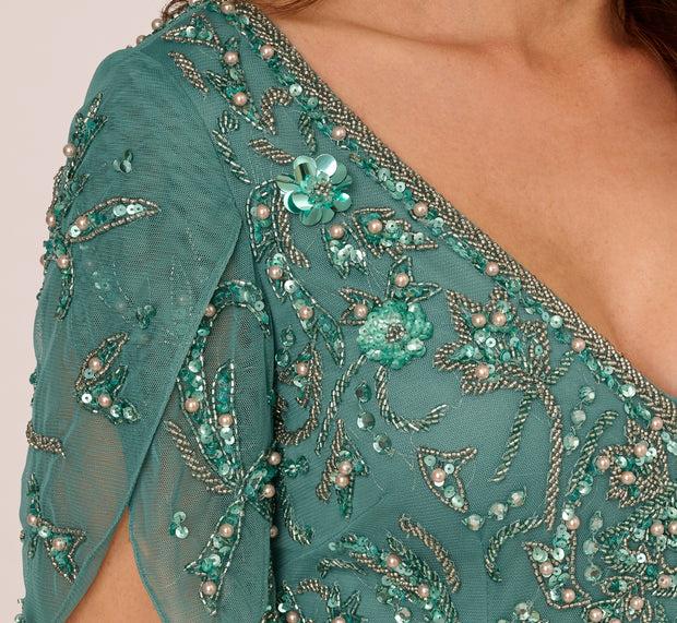 Aidan Mattox Beaded Mermaid Gown With Sheer Petal Sleeves In Green Slate