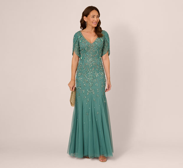 aidan mattox Beaded Mermaid Gown With Sheer Petal Sleeves In Green Slate