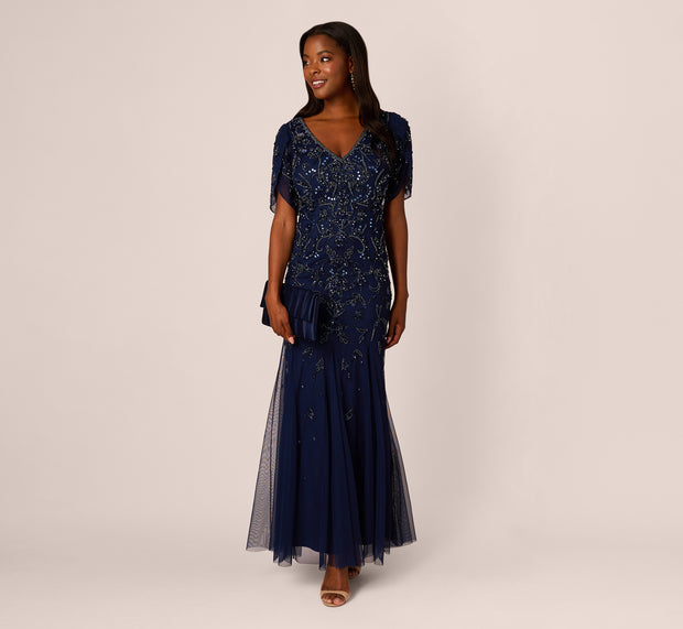 Aidan Mattox Beaded Mermaid Gown With Sheer Petal Sleeves In Light Navy
