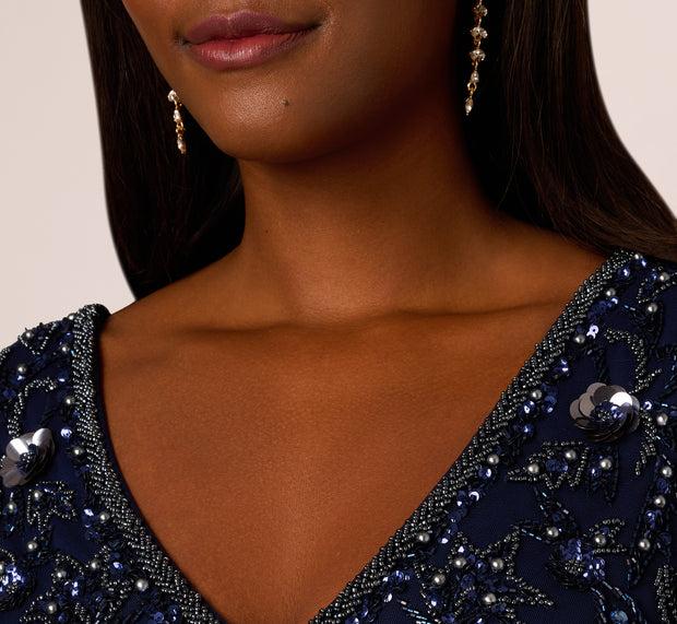 Aidan Mattox Beaded Mermaid Gown With Sheer Petal Sleeves In Light Navy