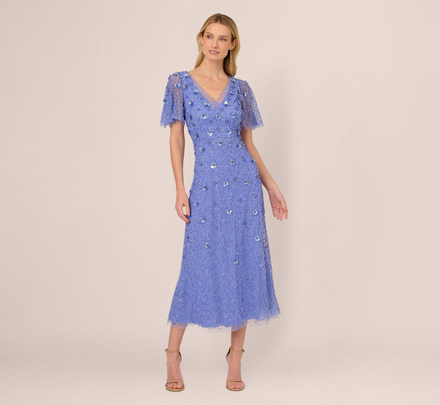 Aidan Mattox Beaded Mesh Flutter Sleeve Midi Dress In Peri Blue