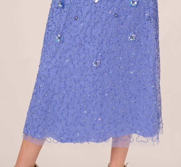 Aidan Mattox Beaded Mesh Flutter Sleeve Midi Dress In Peri Blue
