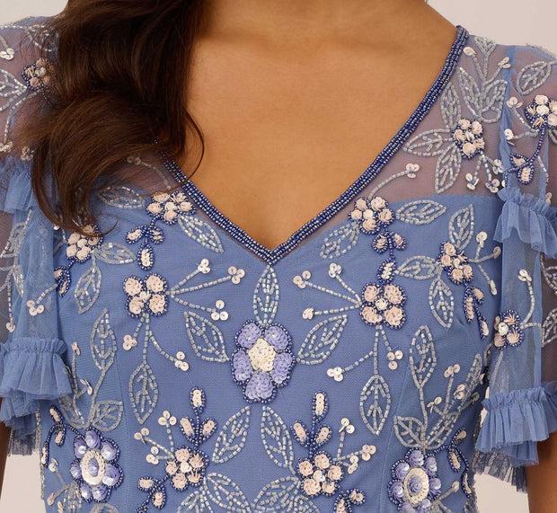 Aidan Mattox Beaded Midi Dress With Sheer Ruffled Sleeves In French Blue