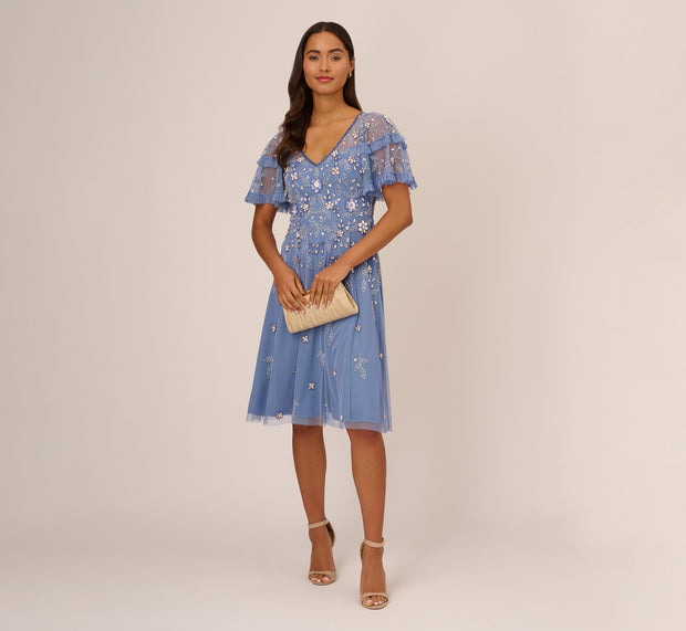 aidan mattox Beaded Midi Dress With Sheer Ruffled Sleeves In French Blue